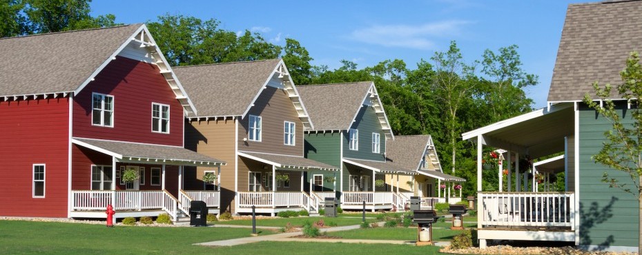 Exterior view of several cottages